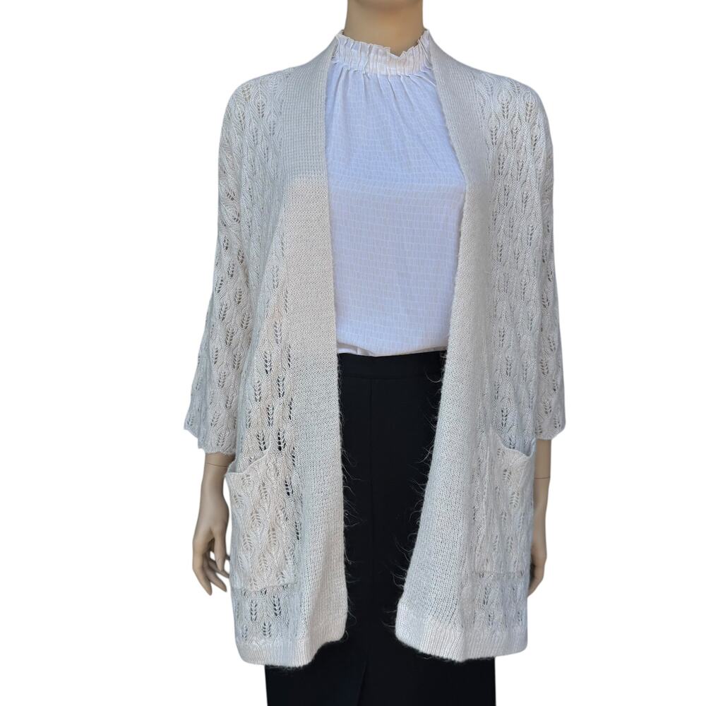 LC Lauren Conrad Leaf Pointelle Knit Open Front Cardigan Cream Beige Pockets XL
